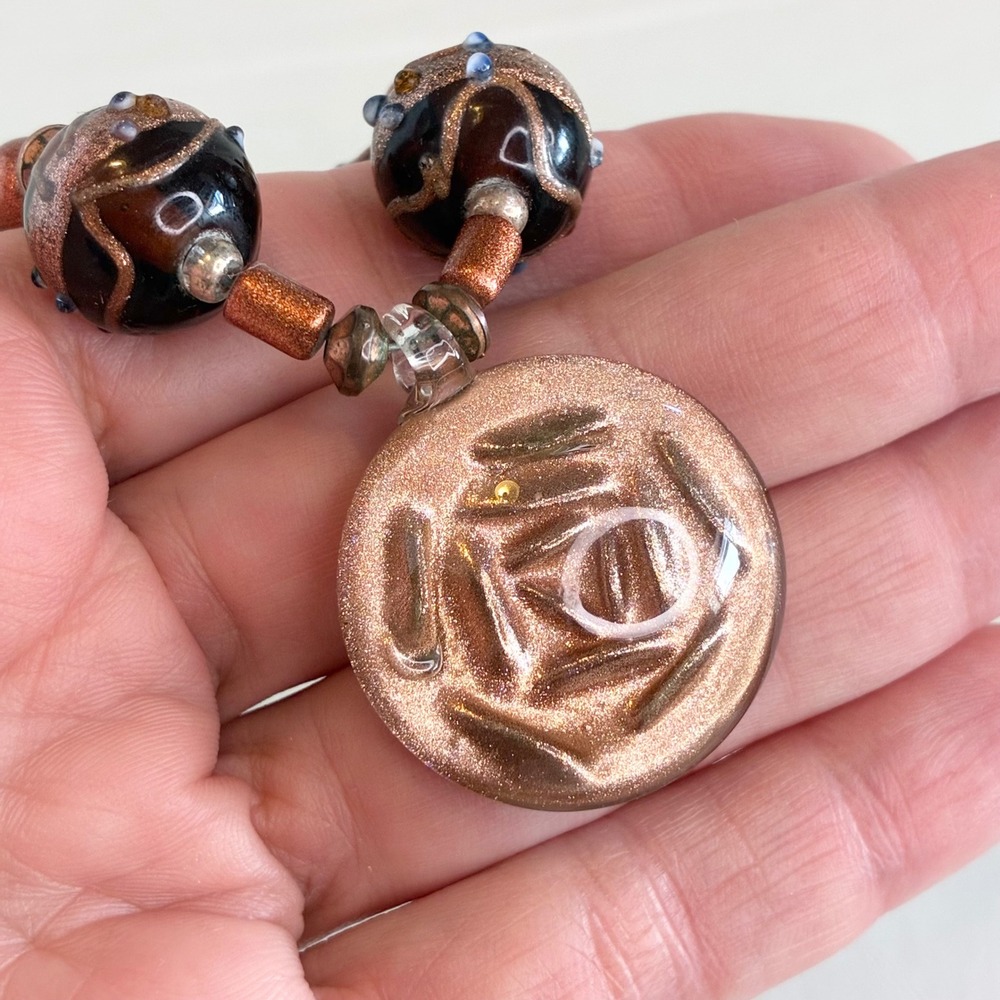 Vintage Lampwork Glass Bead Necklace Aventurine Goldstone Rose Pendant 20"